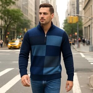Alex Cannon Sweater Men Patchwork Quarter Zip  L Itaian‎ Merino Wool Blue Preppy